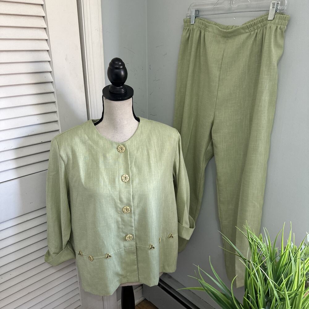 Drapers & Damons Pant Set 3 Piece Womens Petite Large Green Woven Spring Brunch